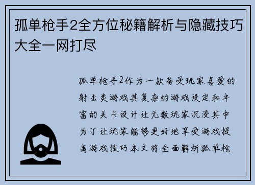 孤单枪手2全方位秘籍解析与隐藏技巧大全一网打尽